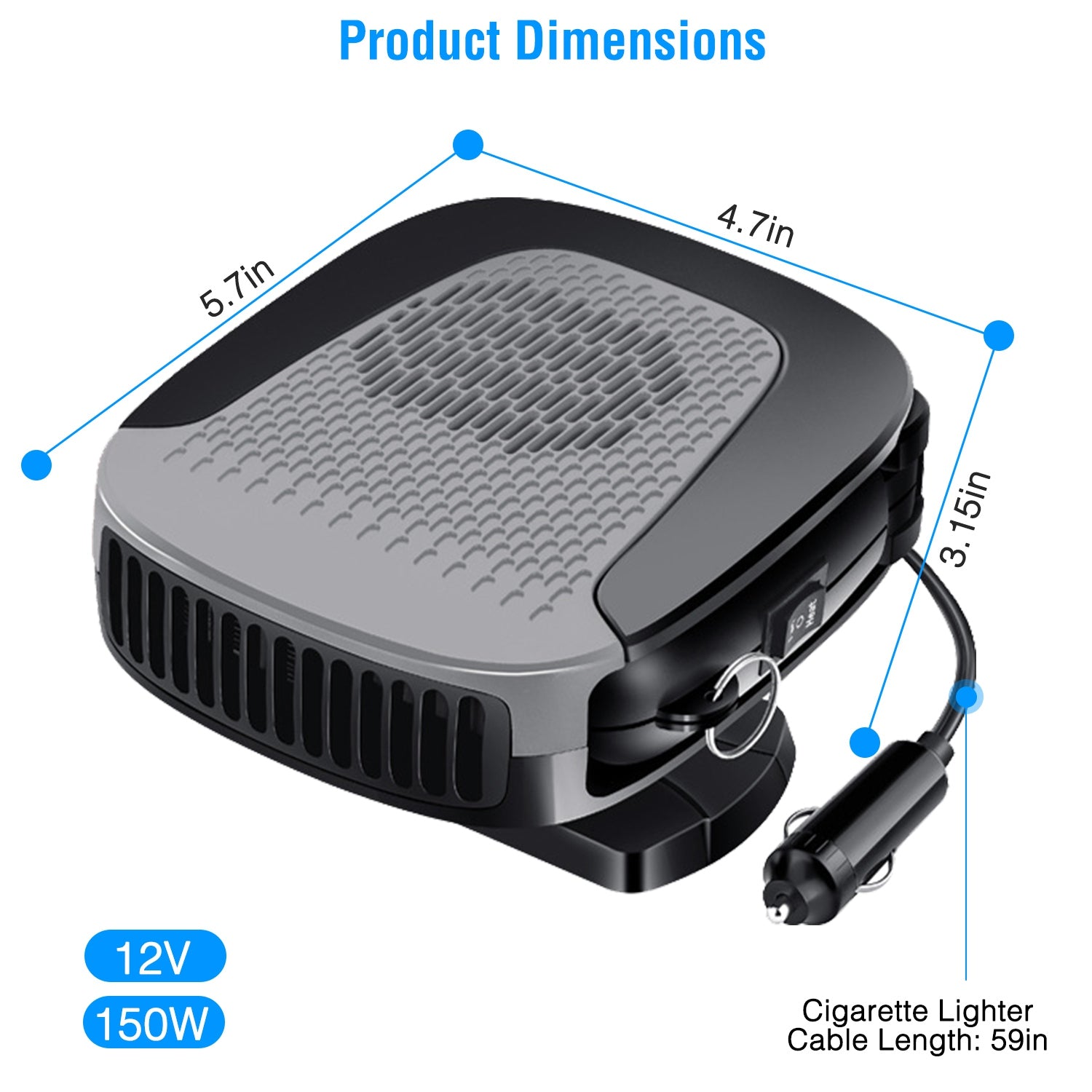 Calefactor Portátil 12V 150W 2 en 1 - Desempañador y Ventilador para Auto