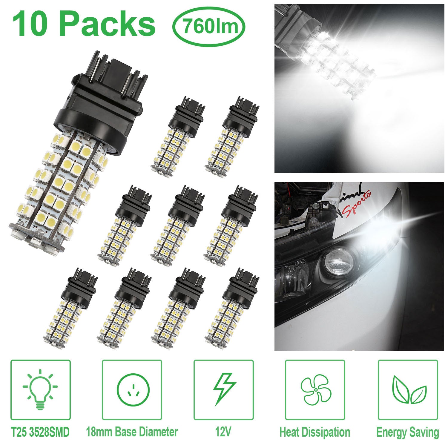 Bombillas LED para Auto 10 Piezas - 760lm Blanco Puro 6000K T25 3528SMD