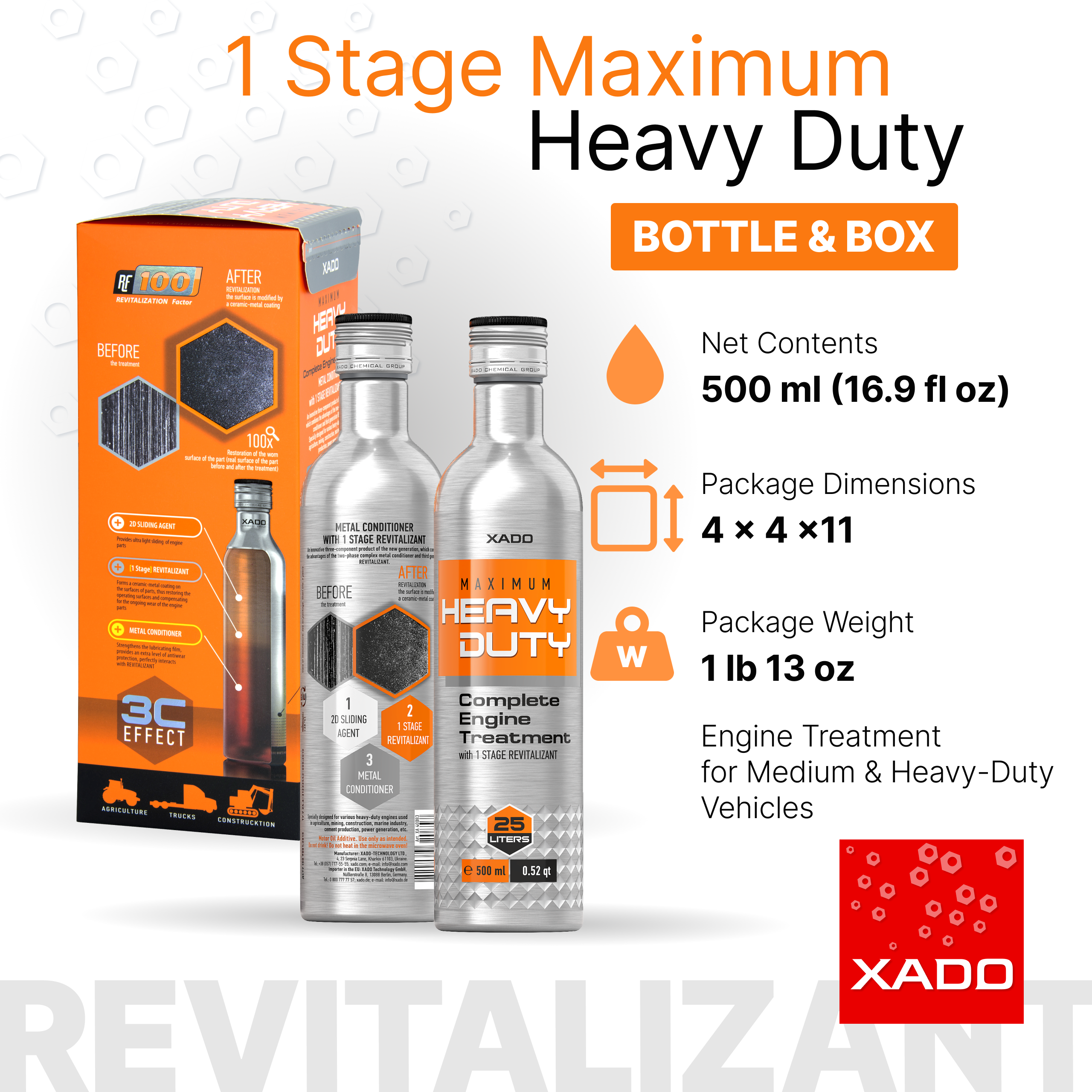 XADO 1 Stage Maximum Heavy Duty - Acondicionador de Metal para Motores Medianos y Pesados | 10-25 Qt