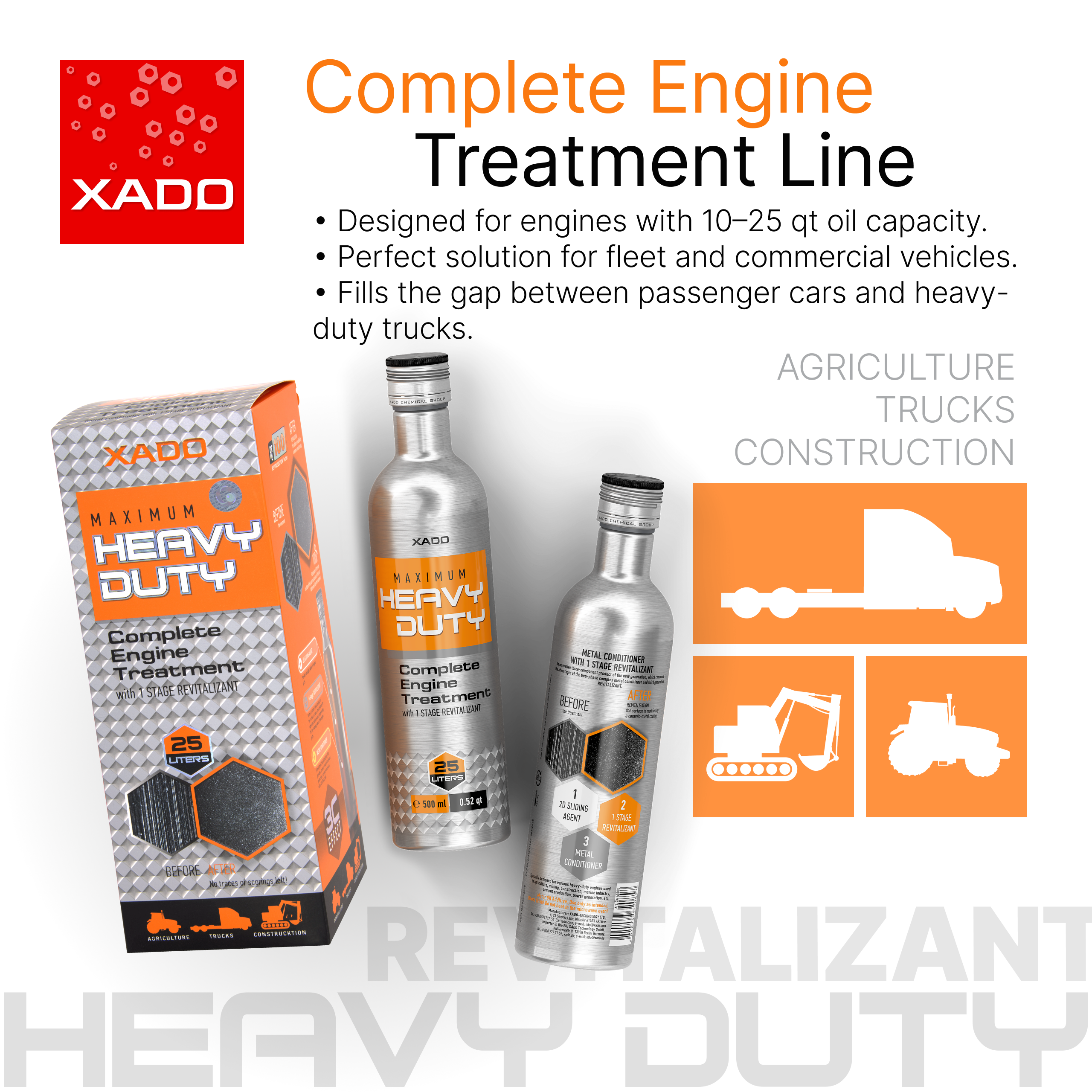 XADO 1 Stage Maximum Heavy Duty - Acondicionador de Metal para Motores Medianos y Pesados | 10-25 Qt