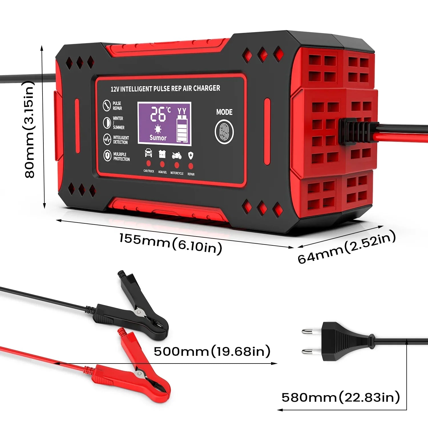 Cargador Inteligente de Batería 12V 6A - Pantalla LCD, Reparación Automática - Rojo