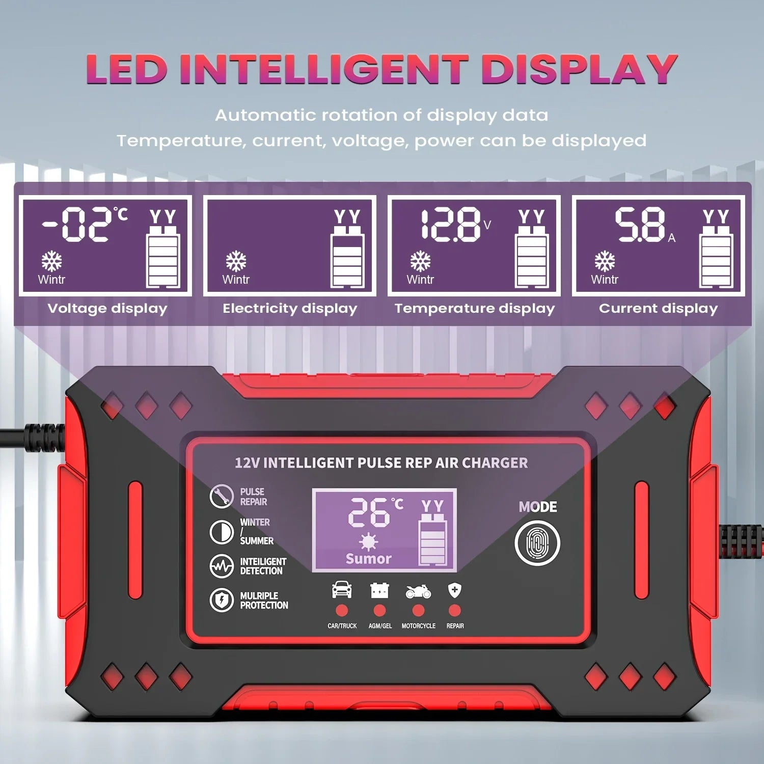 Cargador Inteligente de Batería 12V 6A - Pantalla LCD, Reparación Automática - Rojo