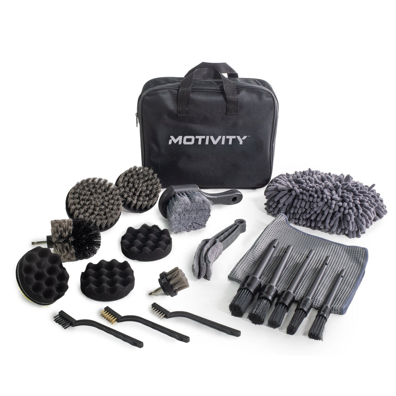 Kit de Detallado Automotriz MOTIVITY 21 Piezas - Incluye Cepillos para Taladro, Guante de Lavado y Accesorios